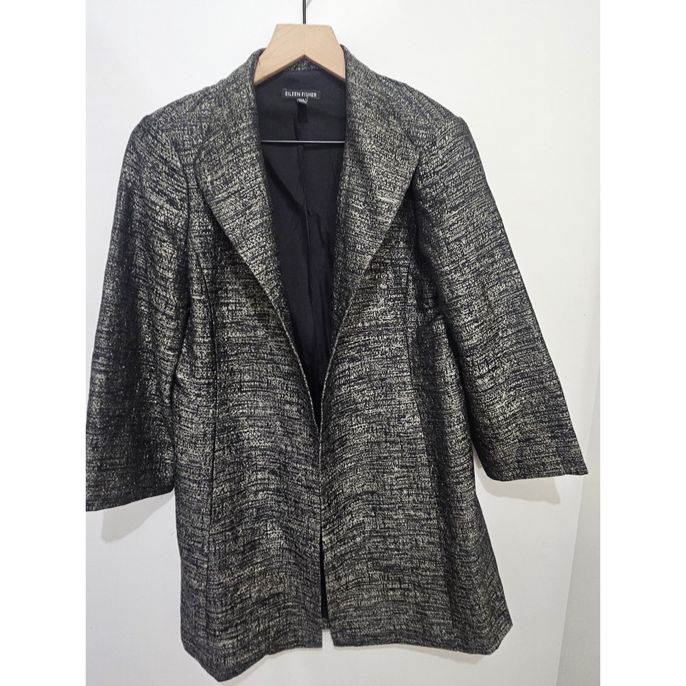 Eileen Fisher Metallic Silk Blend Open Front Evening Coat Black Silver XS